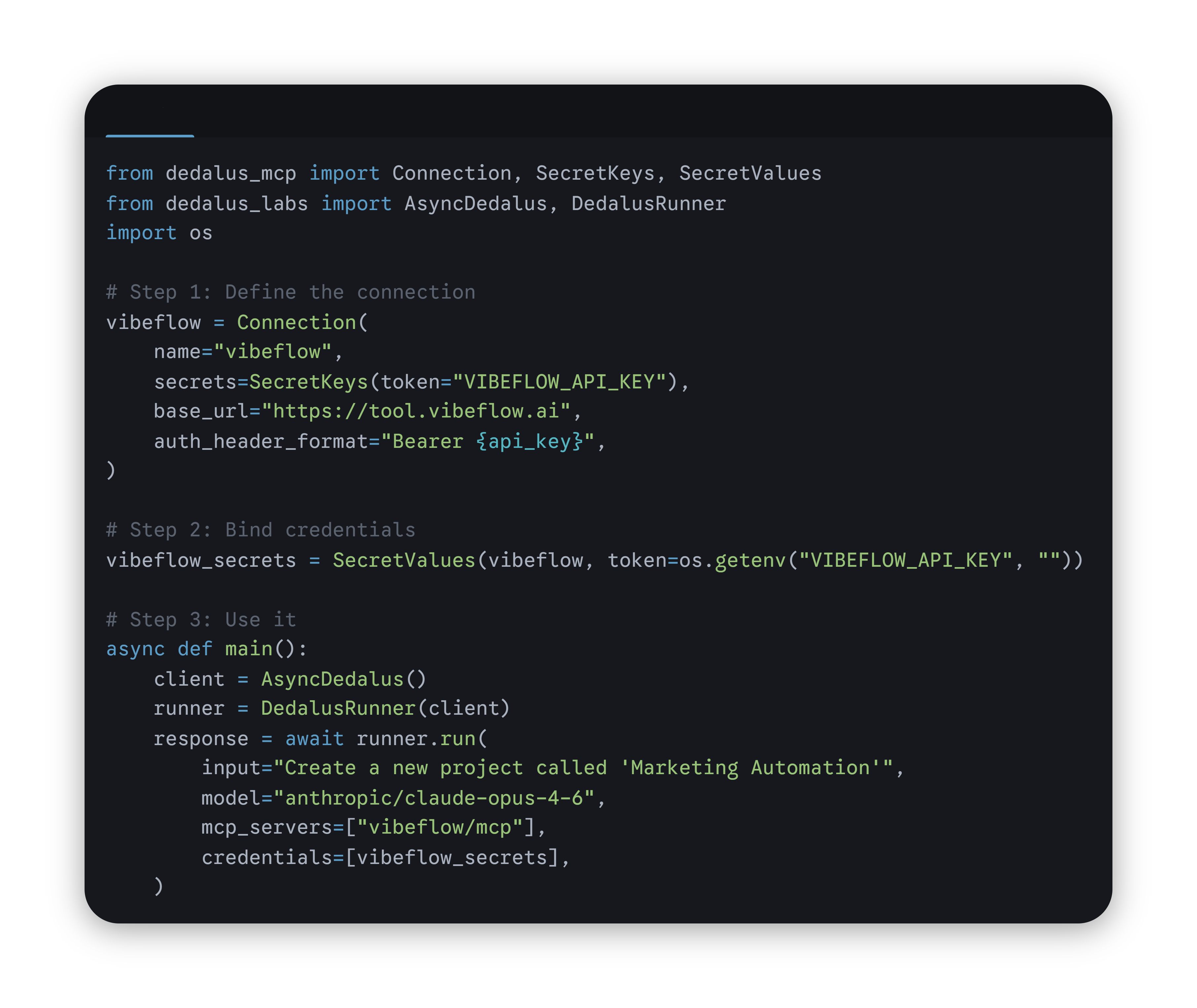 Dedalus Labs agent creating a VibeFlow app via MCP